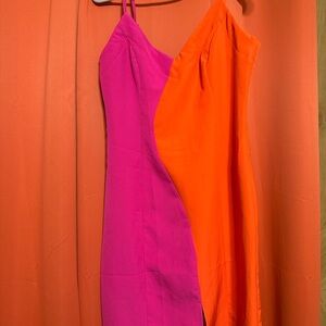 Two-Tone Pink & Orange Spaghetti-Strap Mini Dress